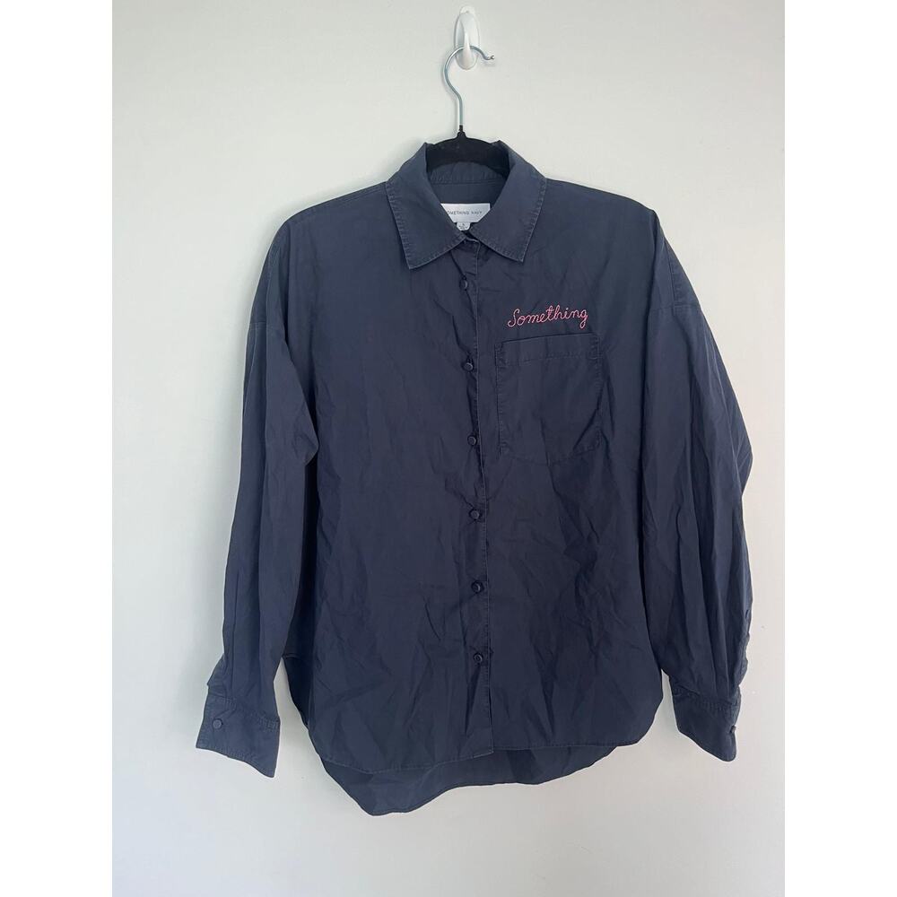 Something Navy Button Up‎ Shirt Women S Navy Blue Embroidered Long Sleeve Casual